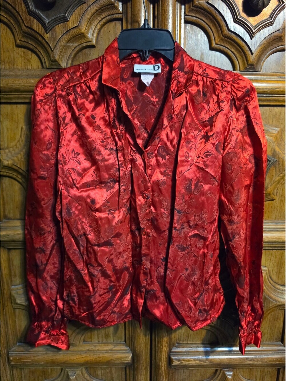 David Benjamin Red Satin Floral Jacquard Blouse